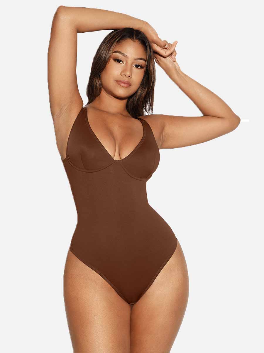 V Neck Tummy Control Thong Bodysuit