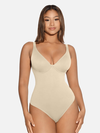 V Neck Tummy Control Thong Bodysuit