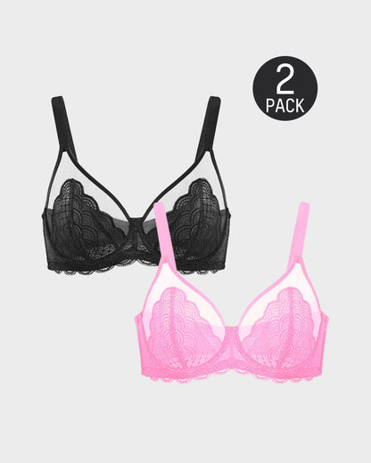 Chiccorsets®Full Coverage Lace Minimizer Bra - 2pcs(Black+Pink)