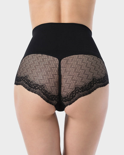 High Waist Tummy Control Lace Trim Mesh Panty